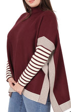 Load image into Gallery viewer, Plus Contrast Stripe Mock Neck Sweater-Burgundy