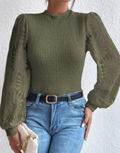 Load image into Gallery viewer, Olive Sunflower Mesh Waffle Knit Top
