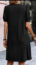 Load image into Gallery viewer, Black Notched Neck Pleated T-Shirt Dress
