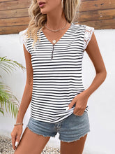 Load image into Gallery viewer, Lace Detail Striped V-Neck Cap Sleeve T-Shirt
