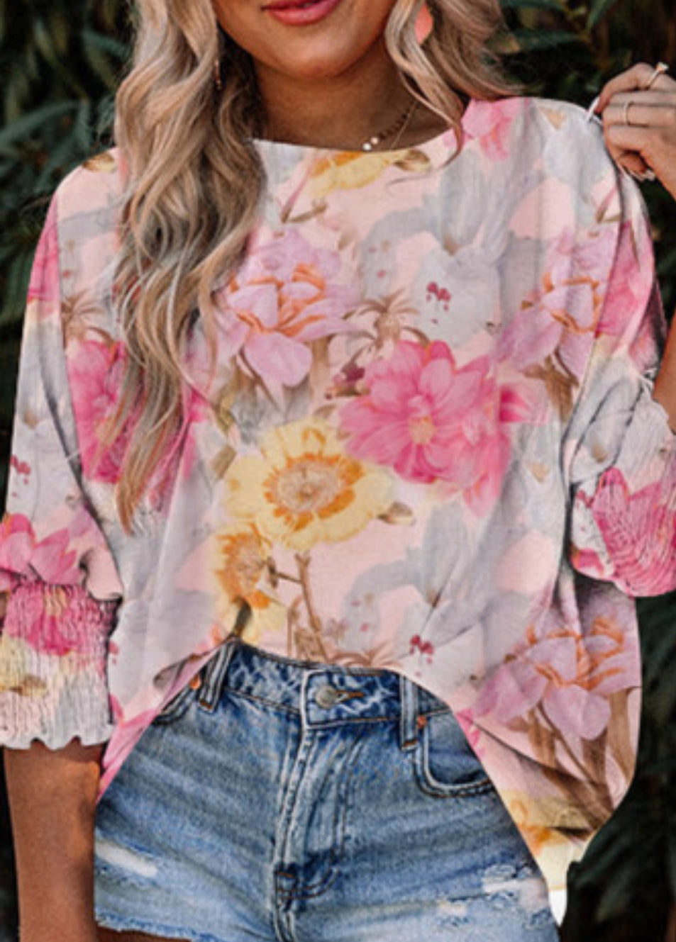 Shirred Cuff Floral Top