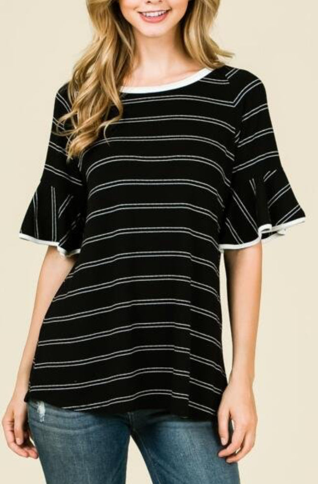 Black/White Striped Bell Sleeve Top
