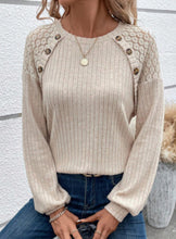 Load image into Gallery viewer, Tan Lace Shoulder Ribbed Button accented Top
