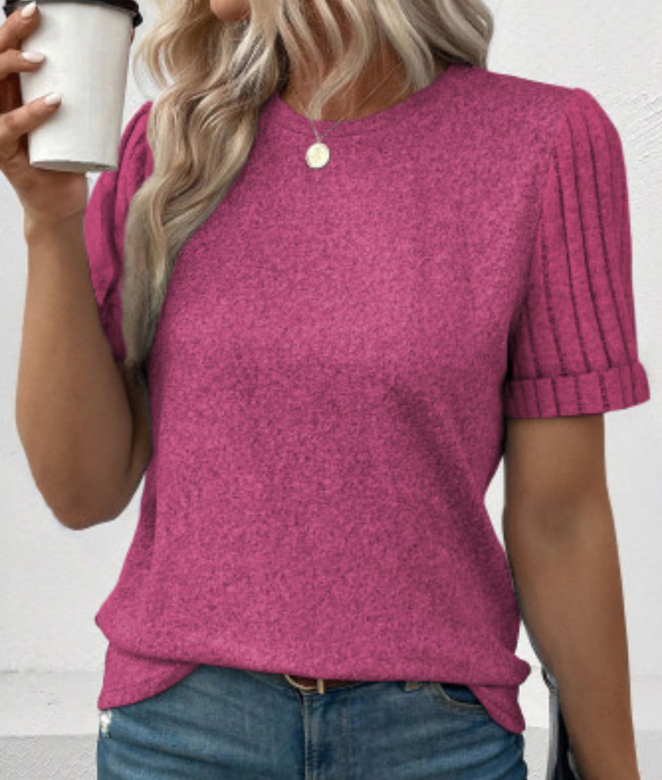 Pink Ribbed Sleeve Soft T-Shirt