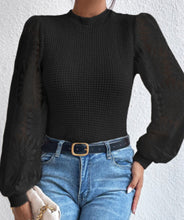 Load image into Gallery viewer, Black Sunflower Mesh Waffle Knit Top
