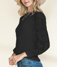 Load image into Gallery viewer, Black Sunflower Mesh Waffle Knit Top

