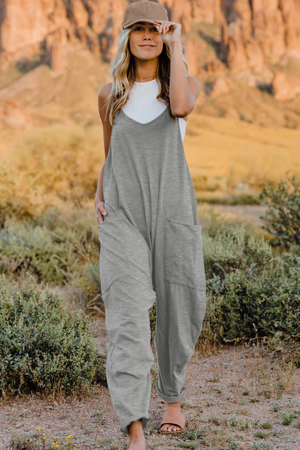 Grey V-Neck Jumper with Pockets