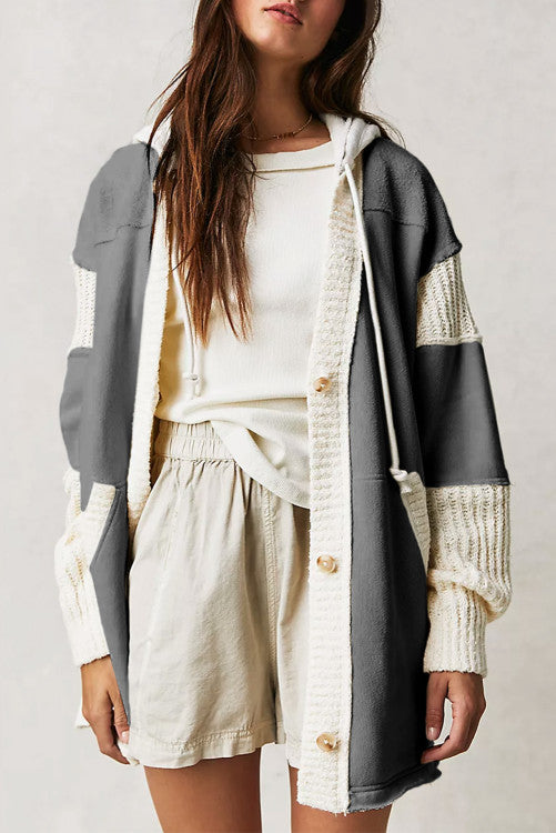 Grey/Cream Button Hooded Sweatshirt