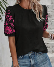 Load image into Gallery viewer, Floral Embroidered Textured Puff Sleeve Top
