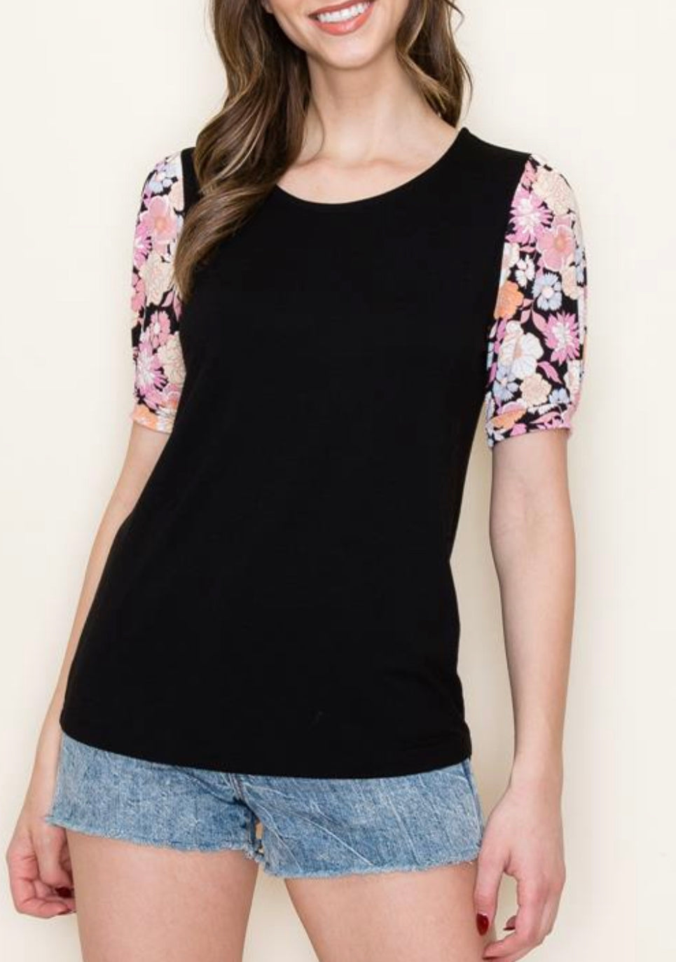 Black Floral Sleeve Top