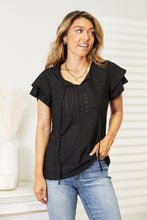 Load image into Gallery viewer, Double Take Eyelet Tie-Neck Flutter Sleeve Blouse
