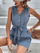 Load image into Gallery viewer, Tie-Waist Buttoned V-Neck Sleeveless Romper
