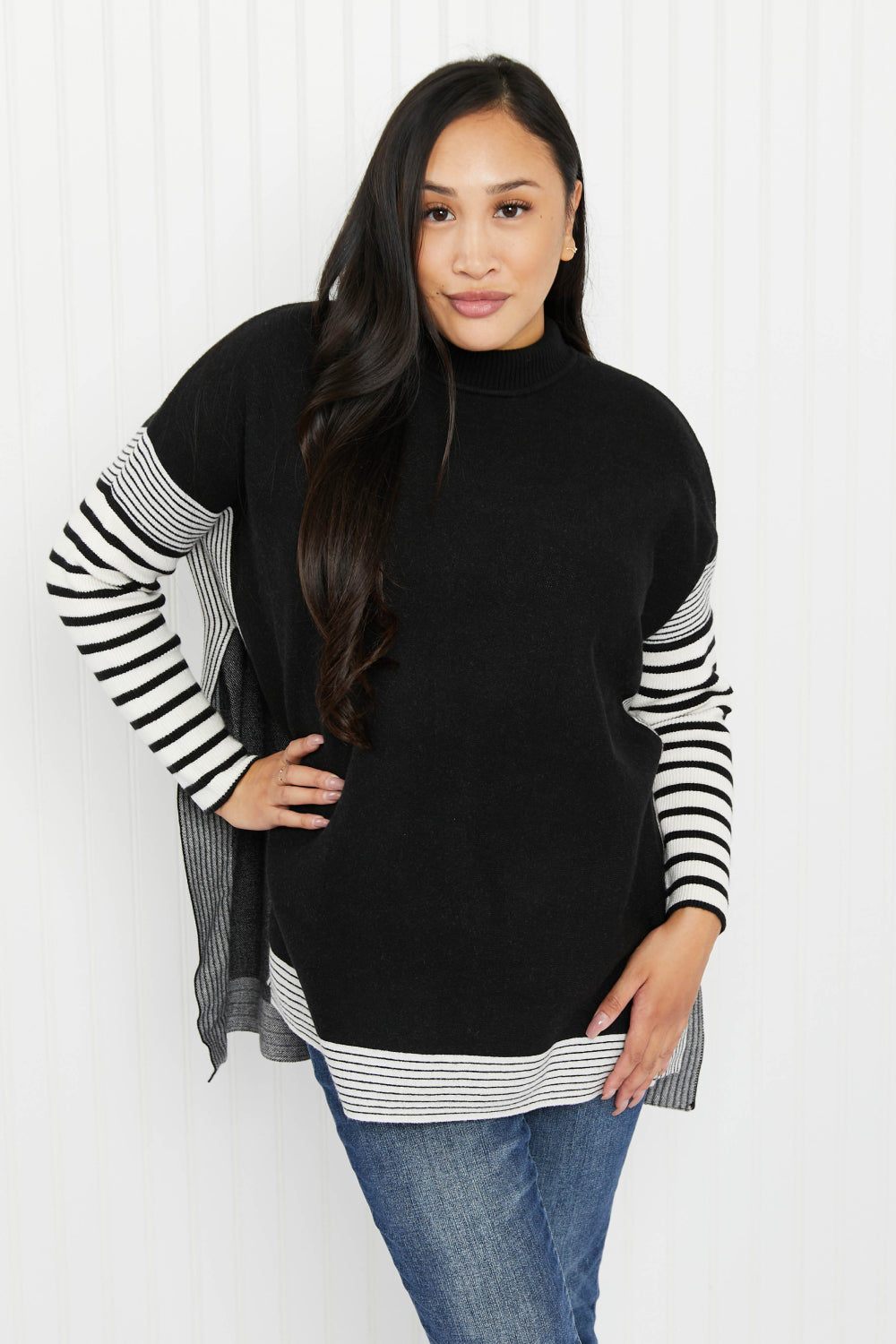 Plus Contrast Stripe Mock Neck Sweater