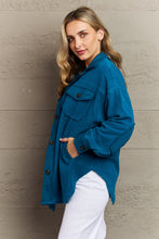 Load image into Gallery viewer, Zenana Cozy in the Cabin Fleece Elbow Patch Shacket in Teal

