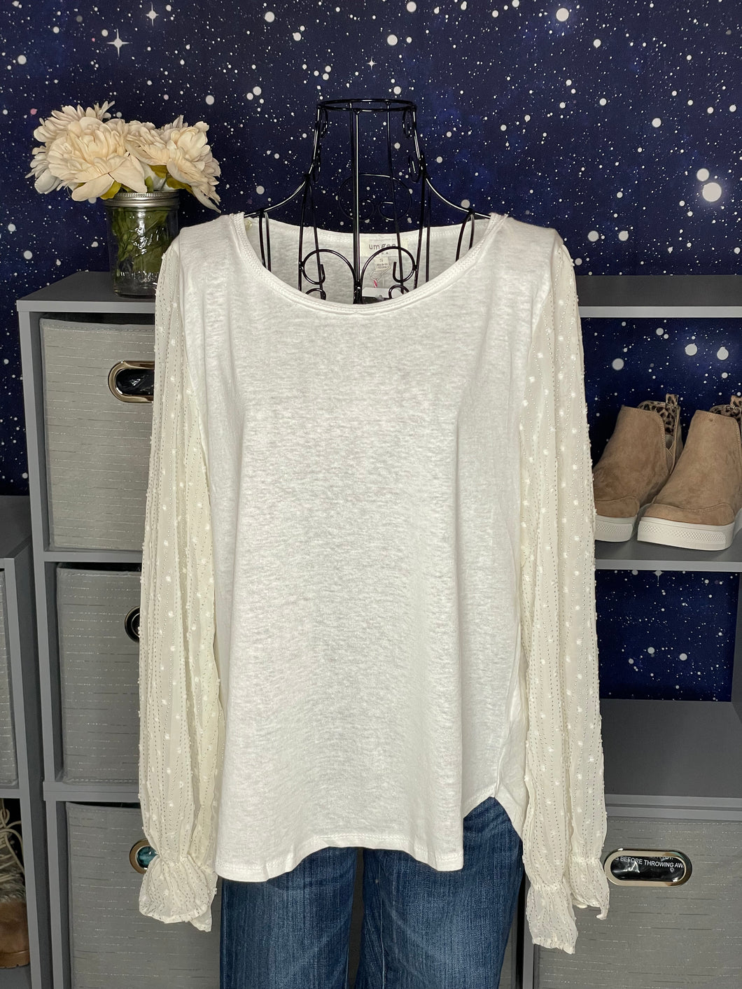 Off White Top w/ Embellished Sheer Sleeves