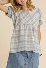 Load image into Gallery viewer, Blue/Grey Plaid Babydoll Blouse
