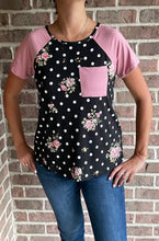 Load image into Gallery viewer, Black/Mauve Polka Dot Floral Top
