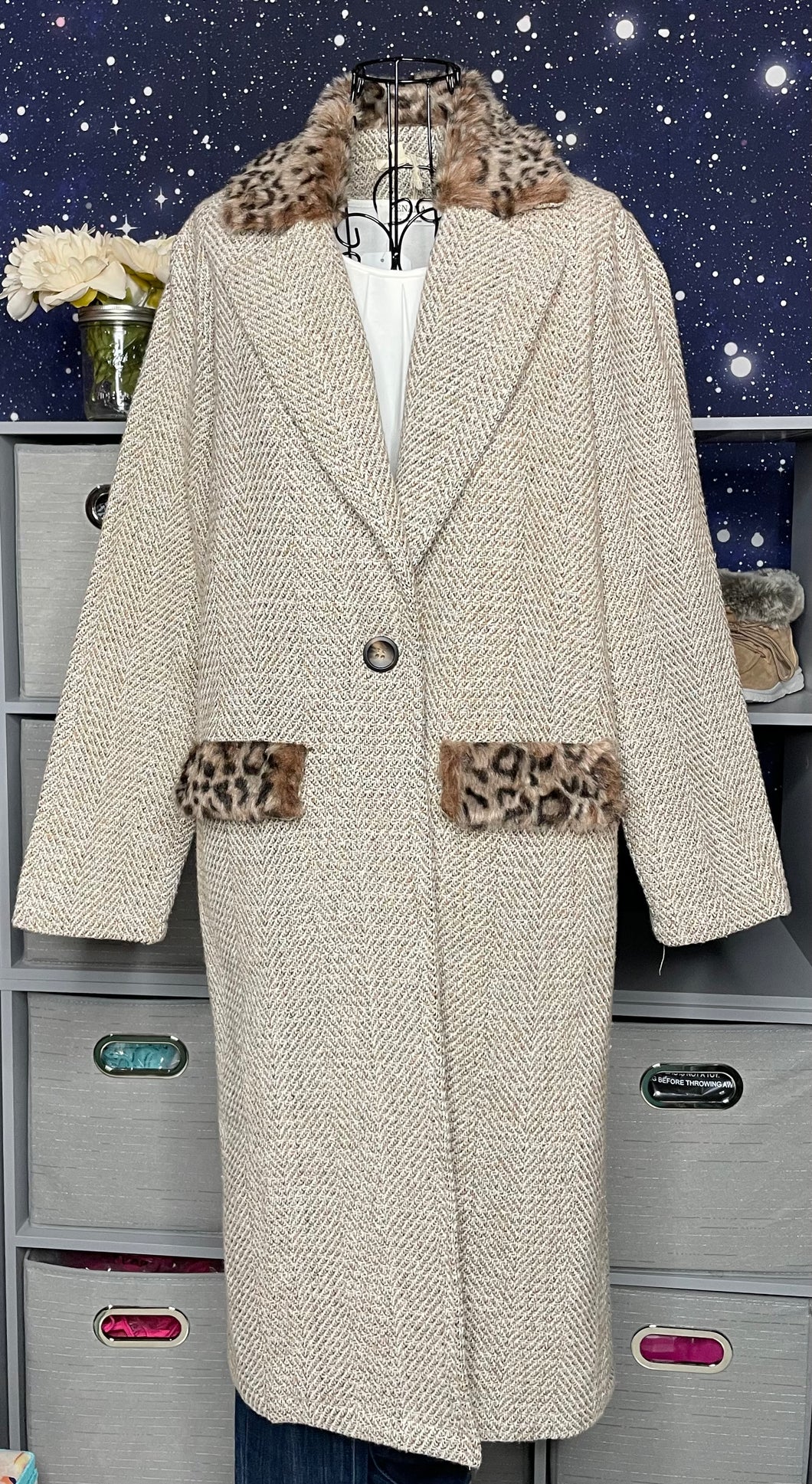 Wool Coat w/ Leopard Faux Fur Accents