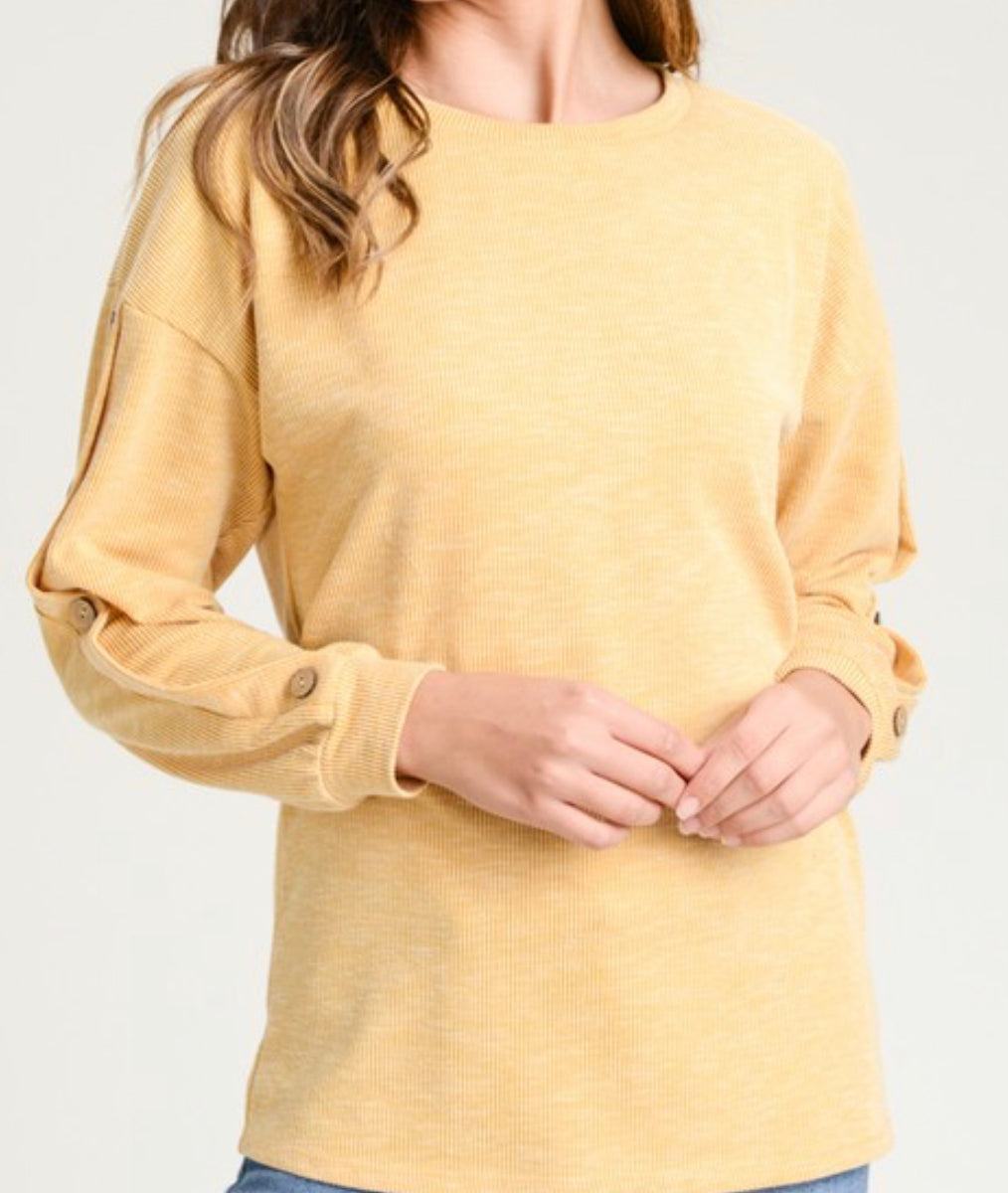 Mustard Ribbed Top with Button Sleeves