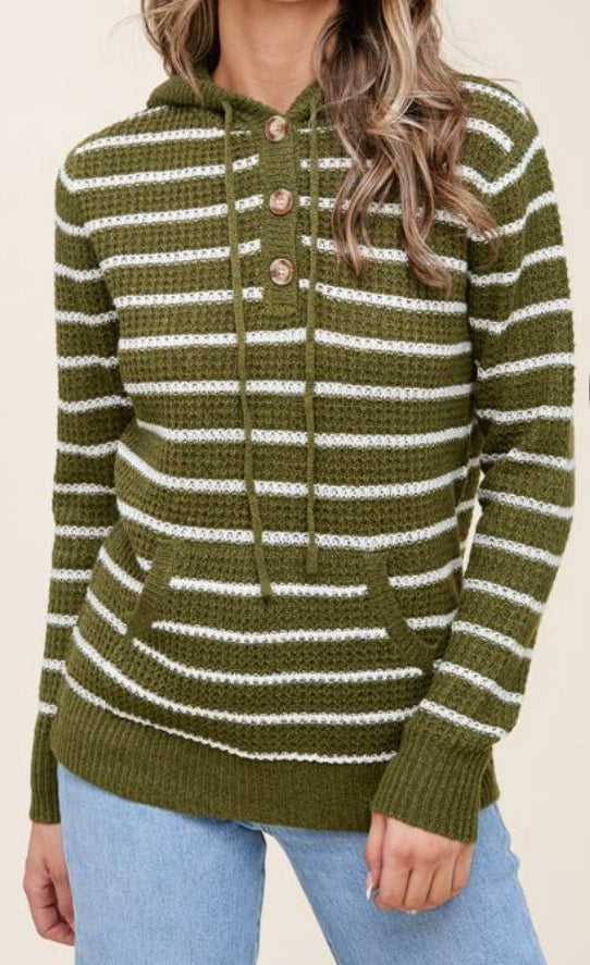 Olive Striped Waffle Knit Hooded Sweater